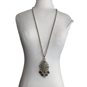 Vintage Garzino Necklace Silver Tone 37"-39" Long Pendant Southwestern Ornate